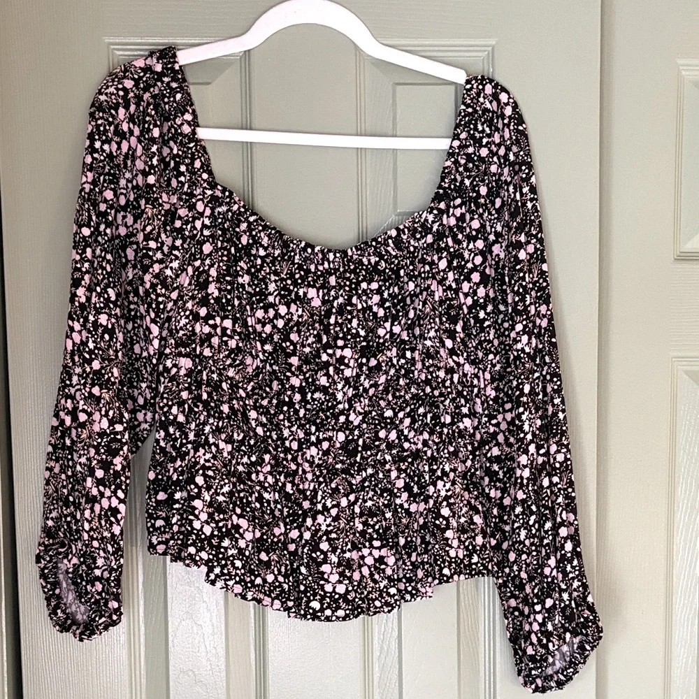 J. Crew Black and Pink Floral Blouse